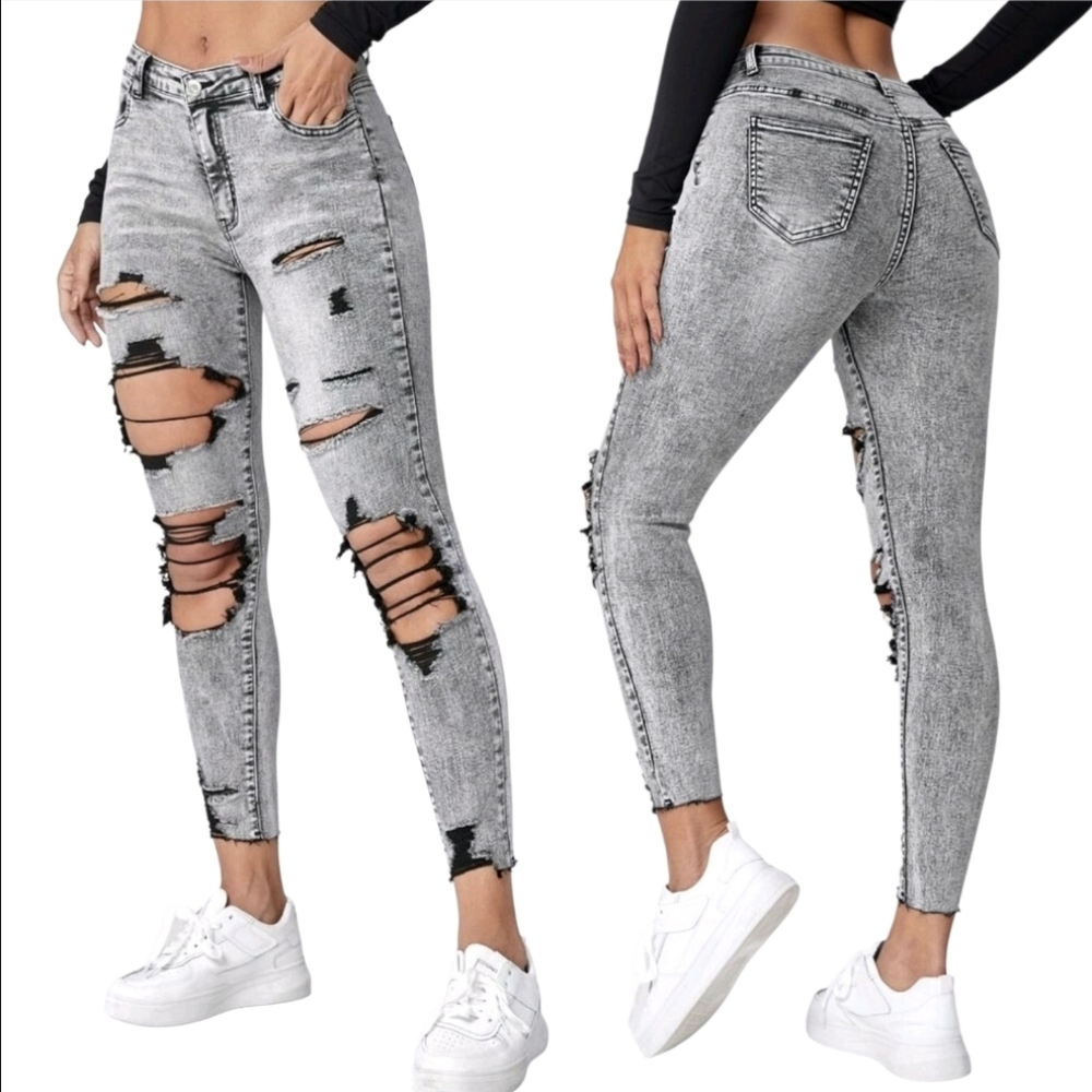 🟨⚫️ Cut Out Ripped Black Distressed Raw Hem Grey Denim Skinny Jeans Large 8/10